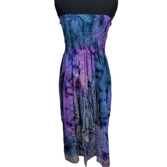 Vtg Y2K Midi Strapless Dress XL Boho Hippie Goth Whimsical Beaded Gold Accents - Picture 1 of 7